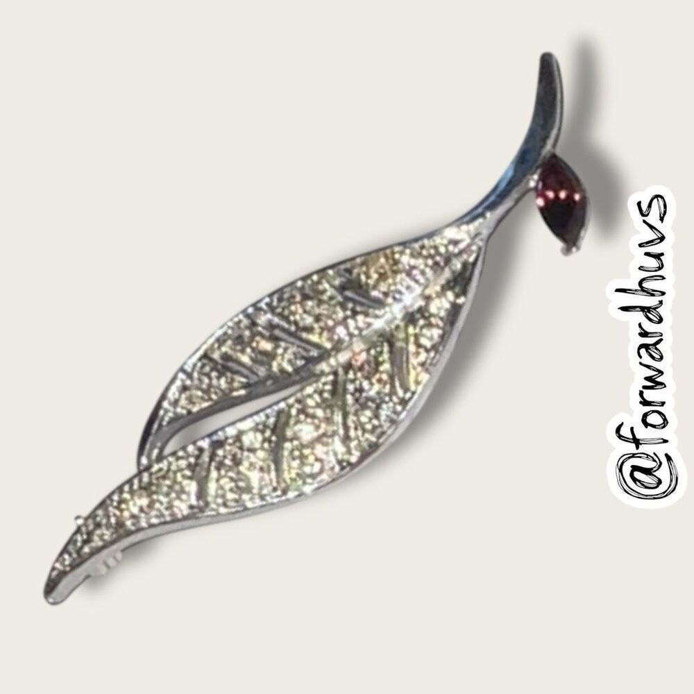 Vintage Silver-Tone Leaf Brooch Featuring Crystal Rhinestones